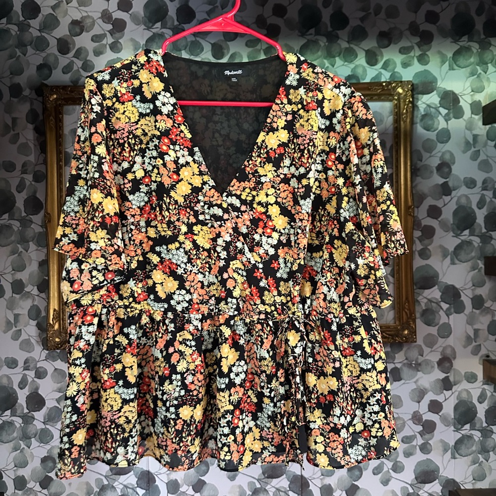 Madewell Floral V-Neck Blouse - Black, Yellow, Orange